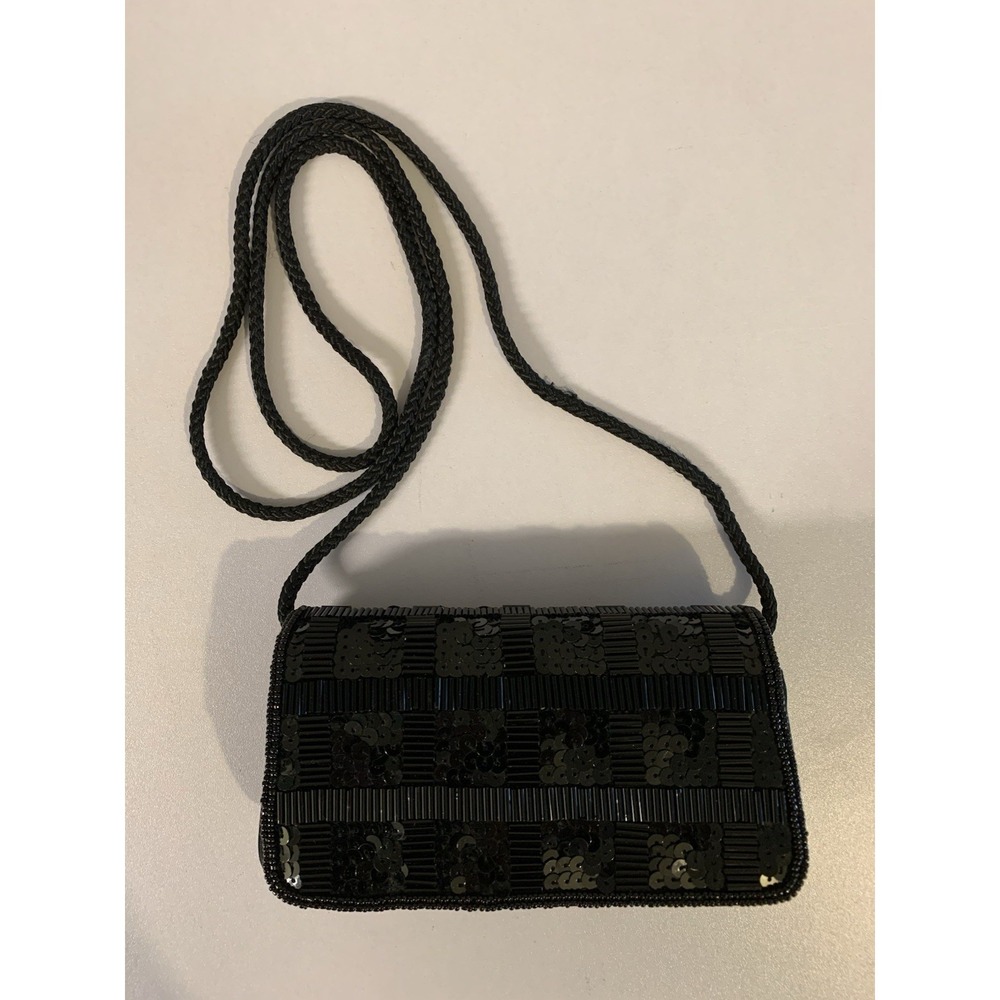 Bijoux Terner Mini Handbag Beaded Evening Clutch Purse Black Sequin Party Glam